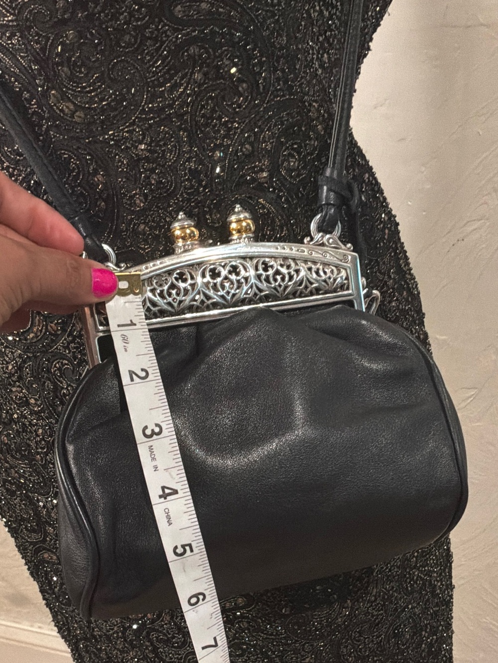 Vintage Brighton Black Leather Crossbody Clutch with Ornate Silver Frame - Picture 7 of 9